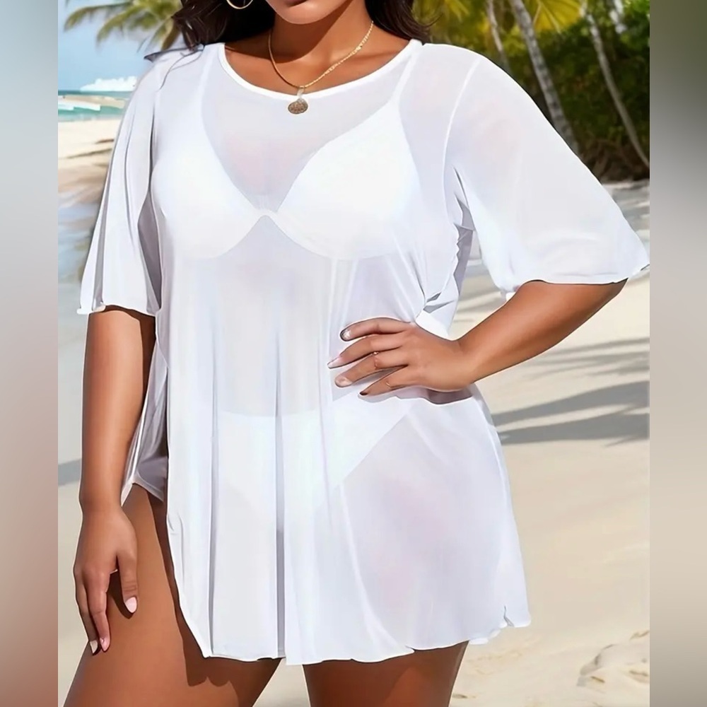Plus Size White Side Slit Beach Cover Up Dress